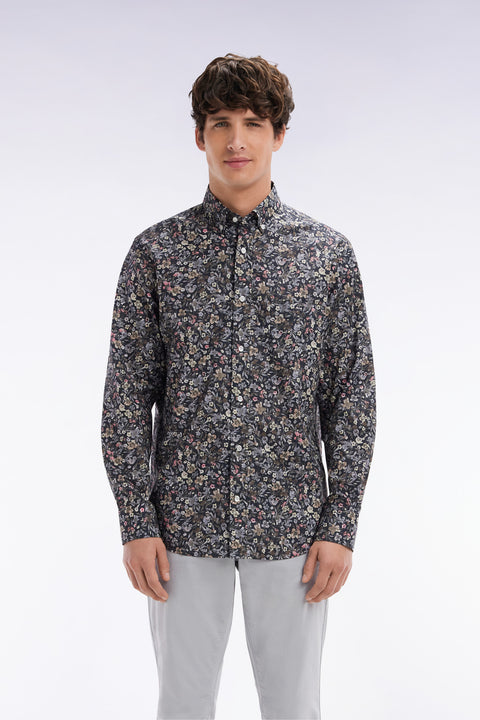 Chemise en popeline de coton Pima à micro imprimé kaki coupe droite - Image 1