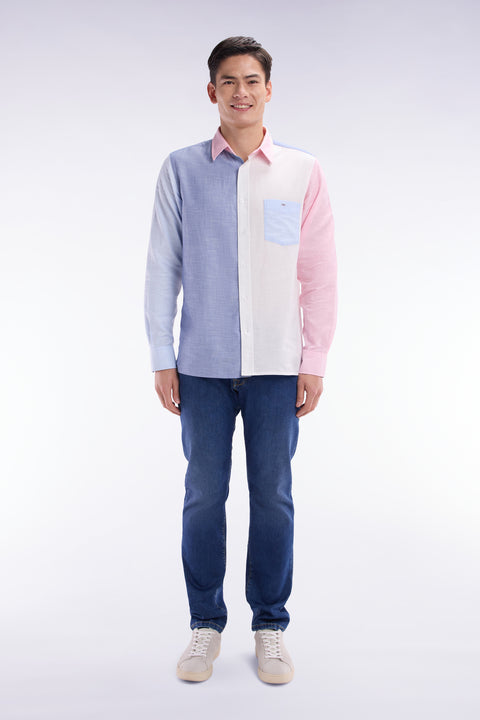Straight-fit blue and pink colorblock shirt - Image 1