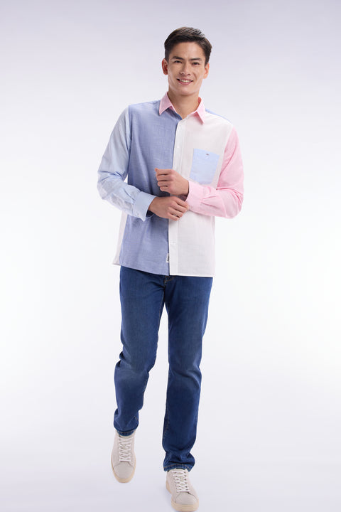Straight-fit blue and pink colorblock shirt - Image 3