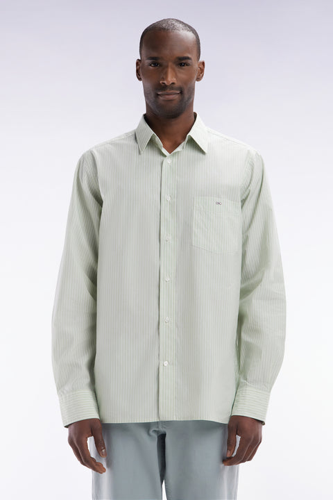 Straight-fit green and white striped cotton shirt - Image 1