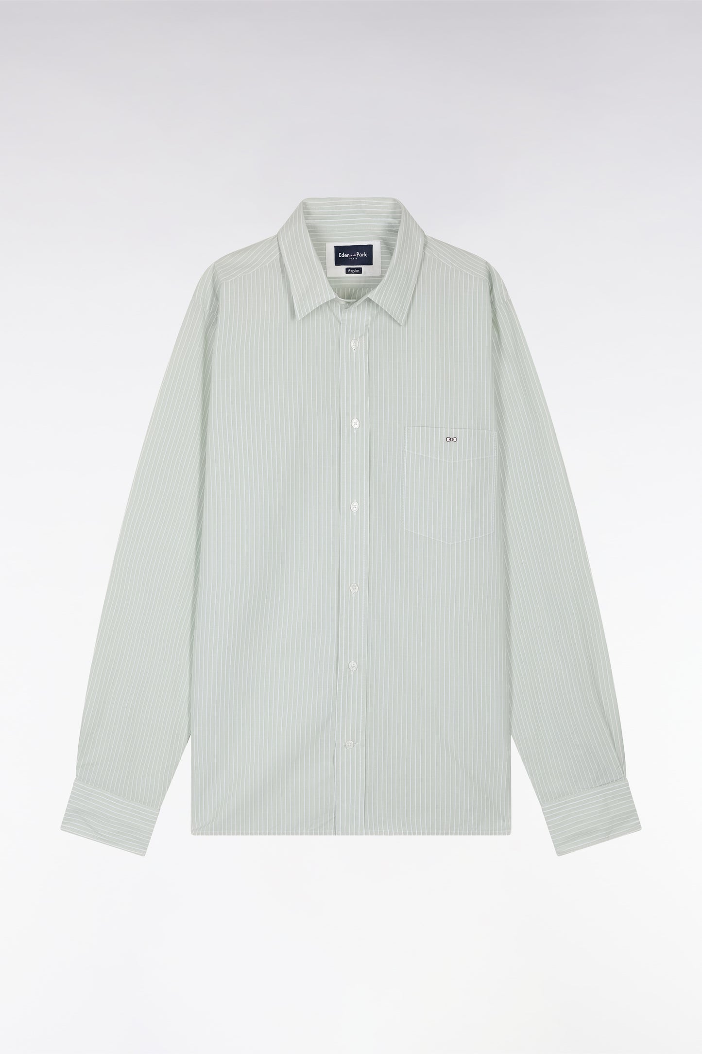 Straight-fit green and white striped cotton shirt