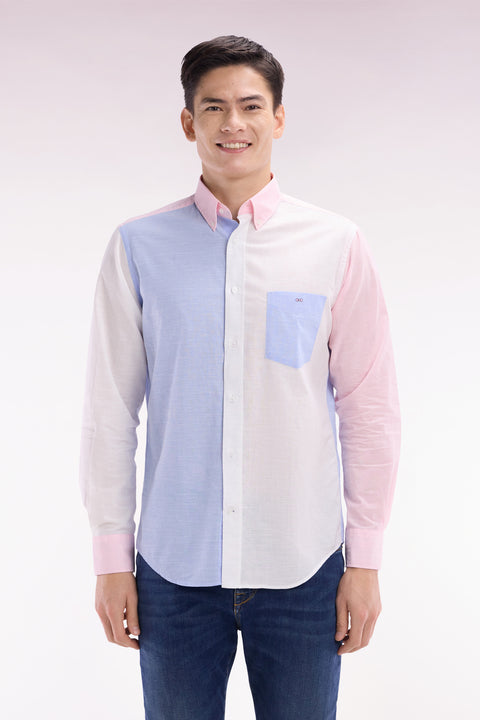 Straight-fit sky blue and pink cotton jacquard and dobby shirt - Image 1