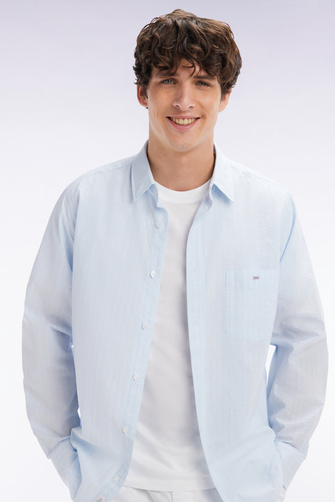 Straight-fit sky blue striped seersucker cotton shirt - Image 2