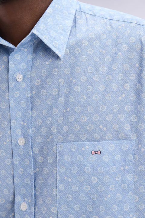 Straight-fit white printed sky blue cotton poplin shirt - Image 3