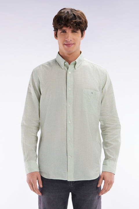 Straight-fit green gingham micro-checked cotton poplin shirt - Image 1