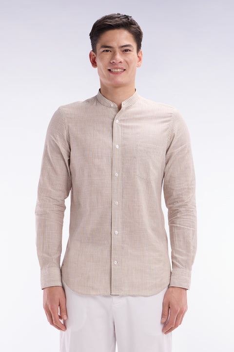Slim-fit beige striped cotton and linen shirt with Mandarin collar - Image 1