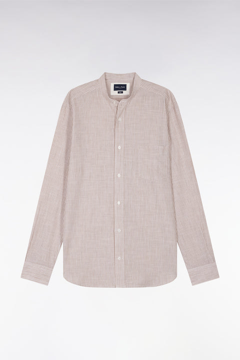 Slim-fit beige striped cotton and linen shirt with Mandarin collar - Image 2