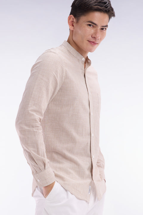 Slim-fit beige striped cotton and linen shirt with Mandarin collar - Image 3