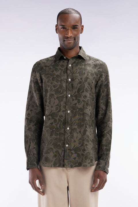 Slim-fit khaki linen printed shirt - Image 1