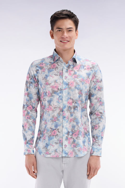 Slim-fit sky blue cotton shirt with floral print - Image 1