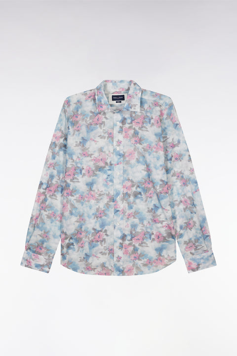Slim-fit sky blue cotton shirt with floral print - Image 2