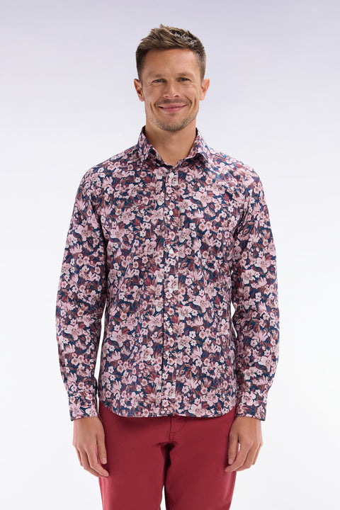 Chemise en popeline de coton à imprimé floral bordeaux coupe droite - Image 1