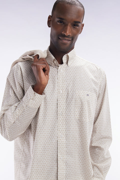 Chemise en popeline de coton à microimprimé graphique beige coupe droite - Image 3