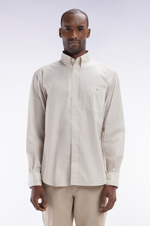 Chemise en popeline de coton à microimprimé graphique beige coupe droite - Image 1