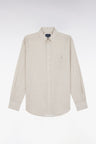 Straight-fit cotton poplin shirt with beige graphic microprint