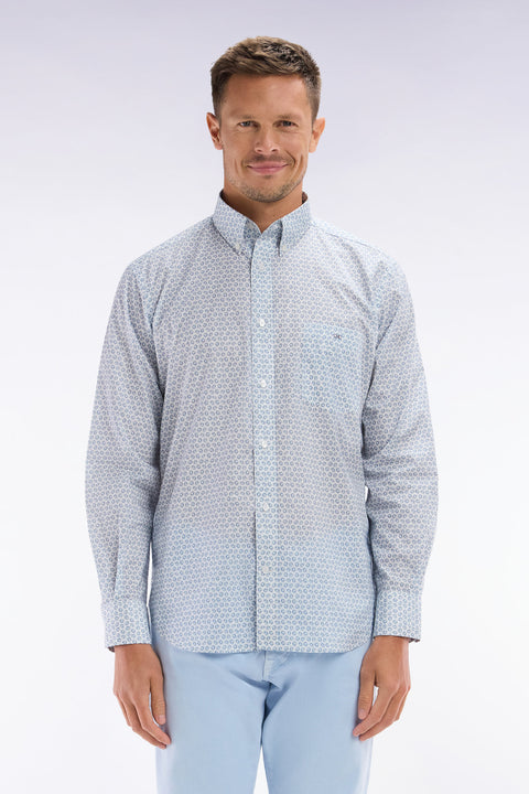 Straight-fit cotton poplin shirt with grey graphic microprint - Image 1