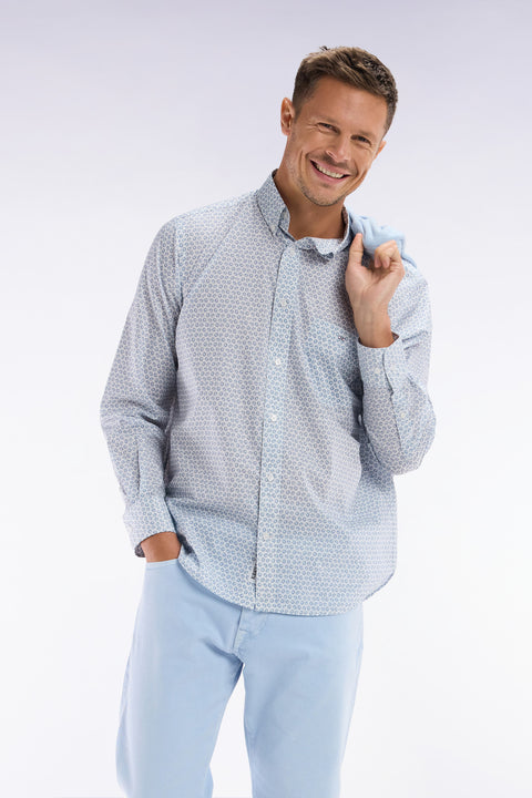 Straight-fit cotton poplin shirt with grey graphic microprint - Image 3