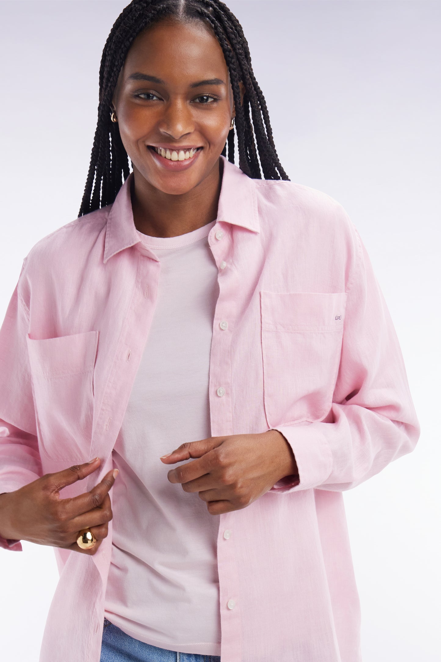 Oversized pink linen shirt with patch pockets