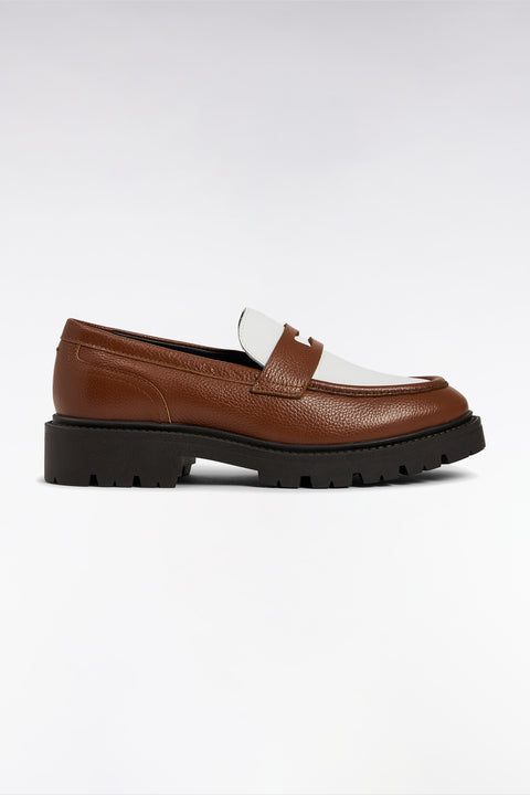 Two-tone brown and white leather loafers - Image 1