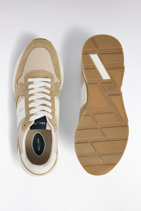 Sneakers multimatières en cuir beiges - Image 3