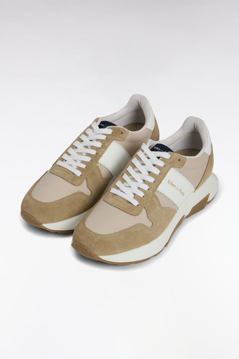 Sneakers multimatières en cuir beiges - Image 2