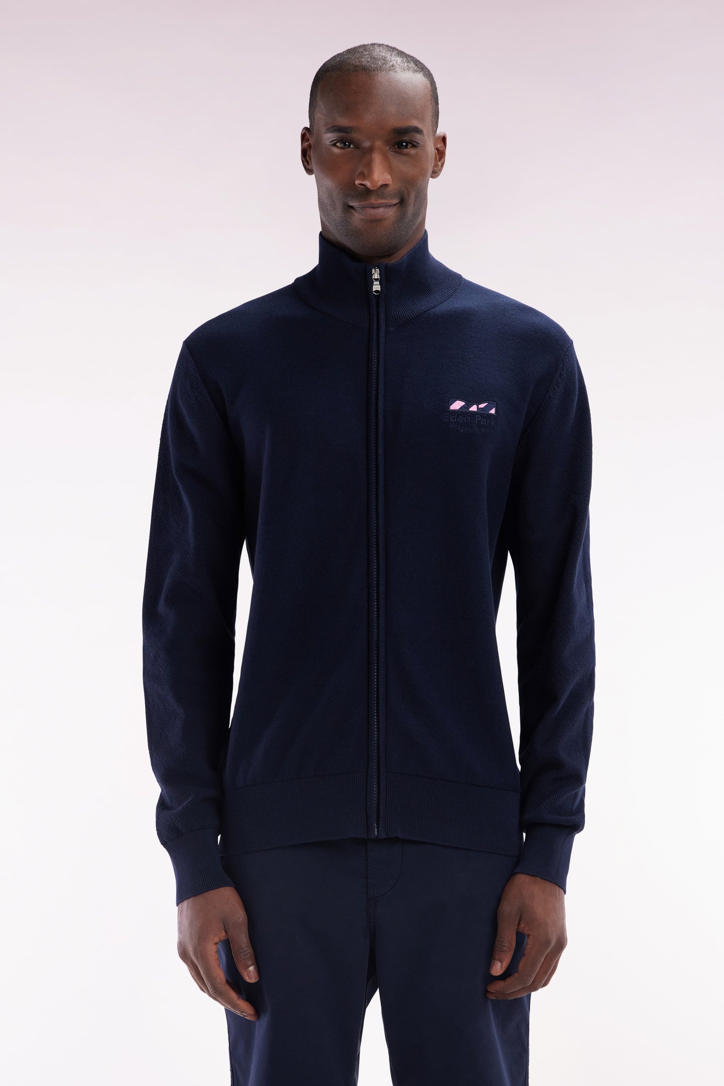 Straight zipped navy cotton cardigan with striped bow tie embroidery