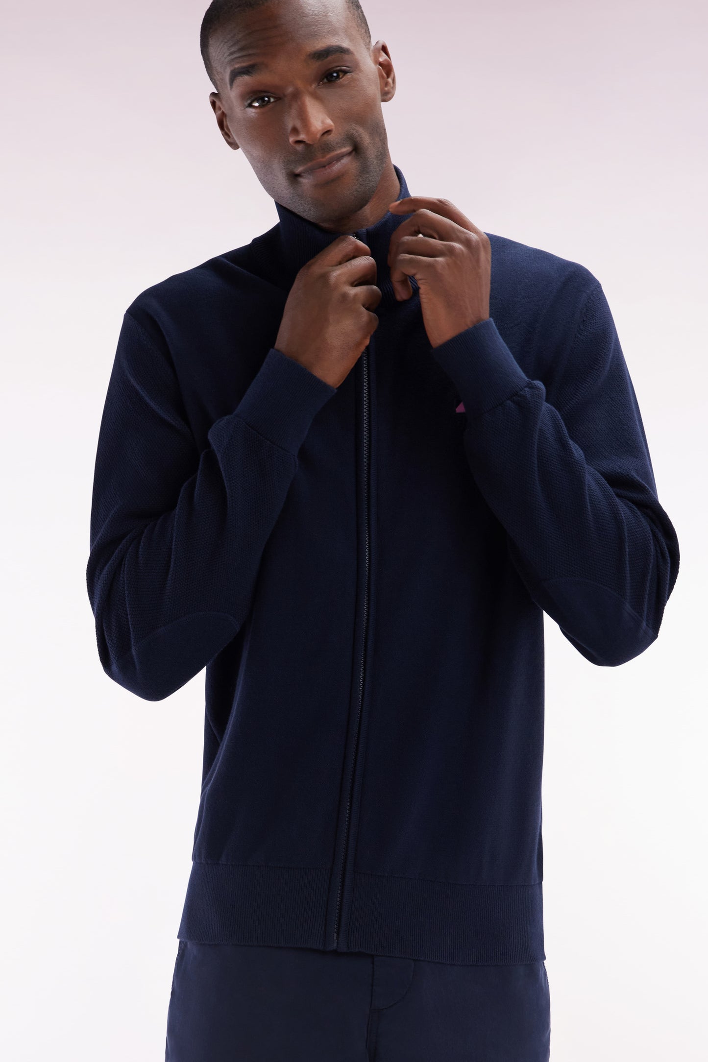 Straight zipped navy cotton cardigan with striped bow tie embroidery
