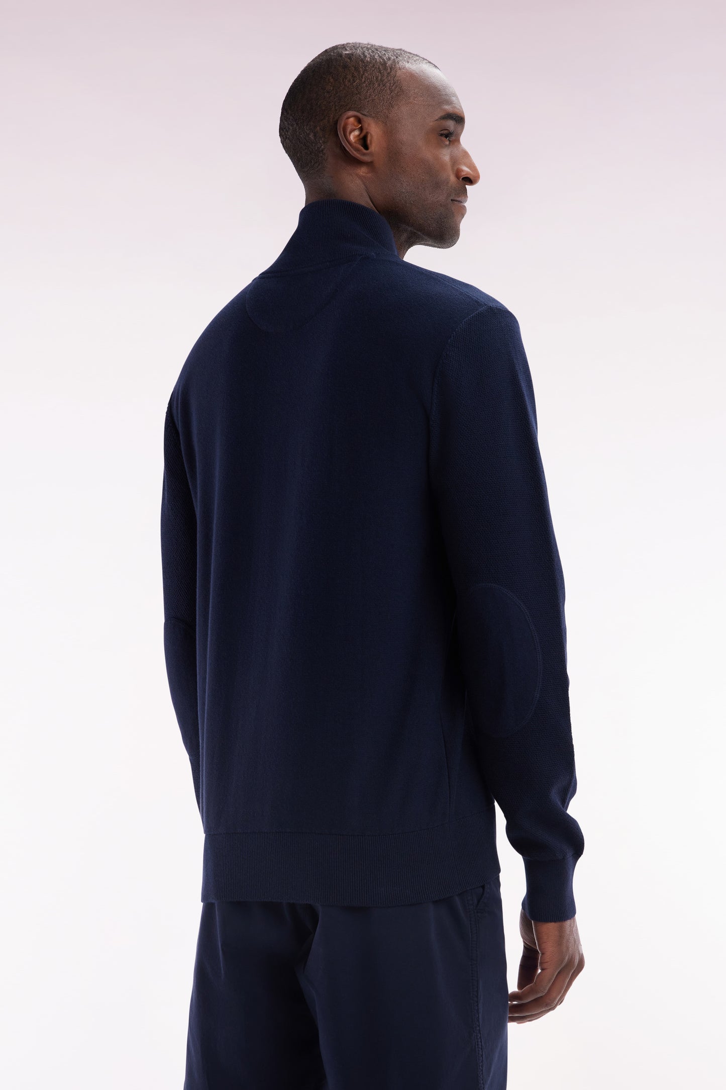 Straight zipped navy cotton cardigan with striped bow tie embroidery