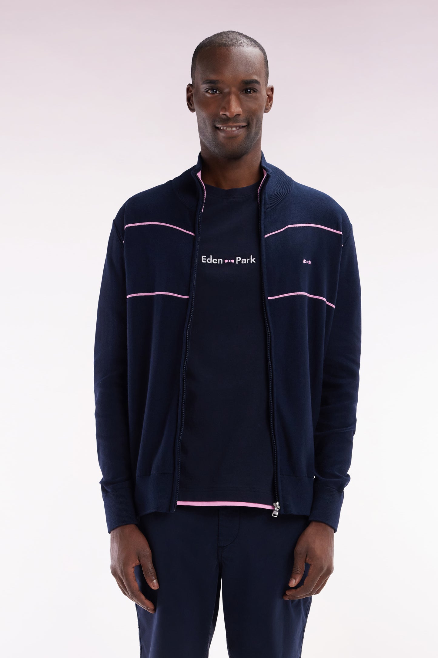Straight zipped high collar navy cotton cardigan with pink piping effect