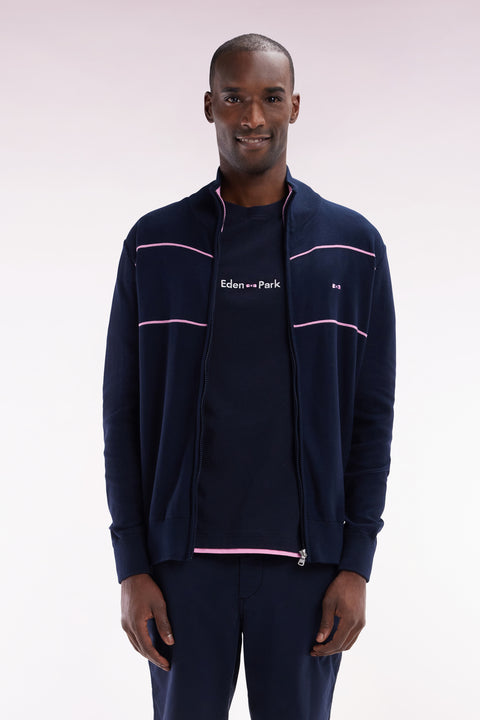 Cardigan col camionneur zippé en coton marine à effet de passepoils roses coupe droite - Image 1