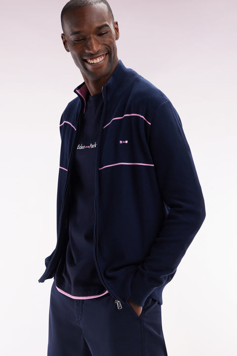 Cardigan col camionneur zippé en coton marine à effet de passepoils roses coupe droite - Image 2