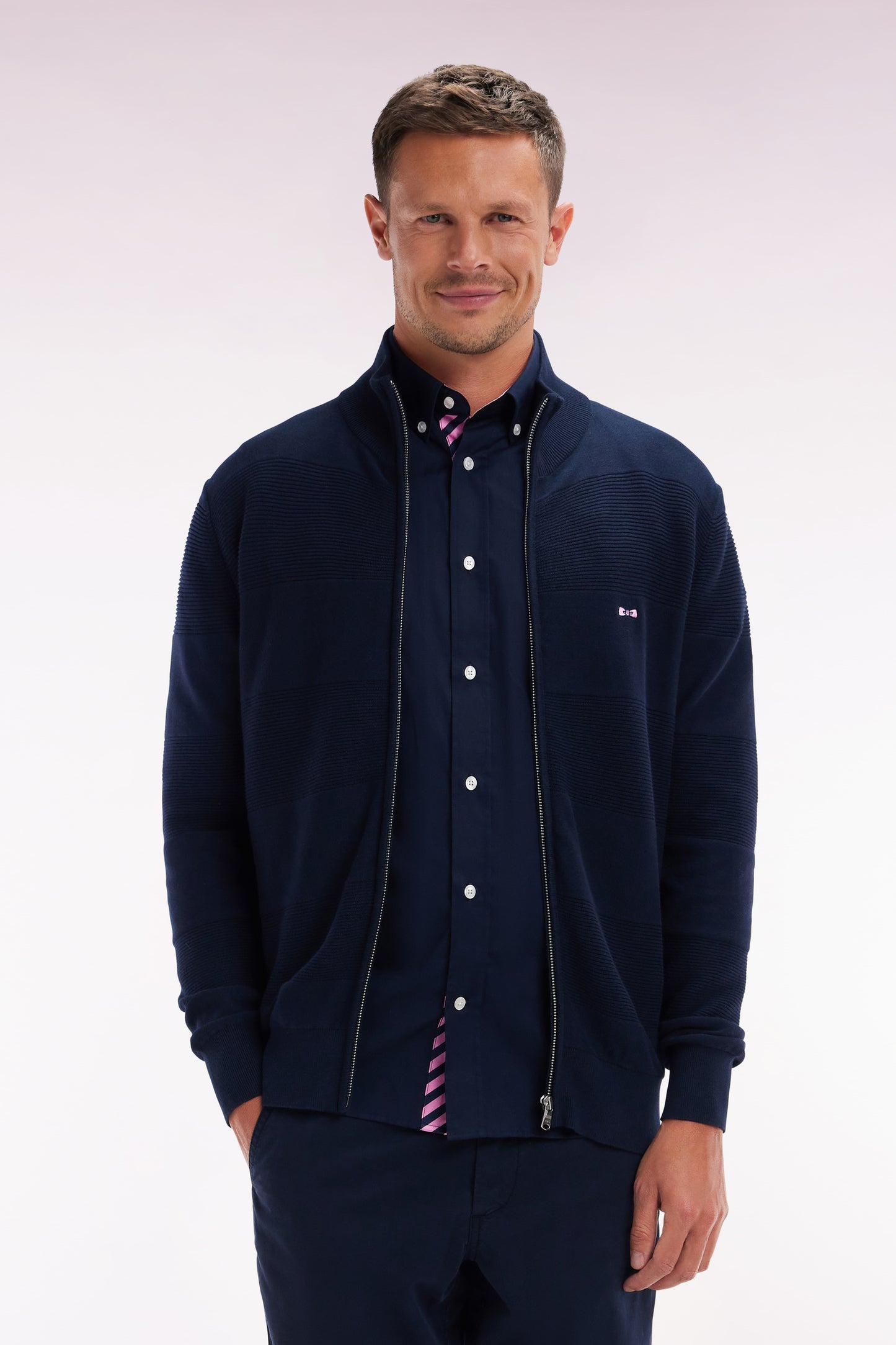 Straight zipped navy cotton knit cardigan