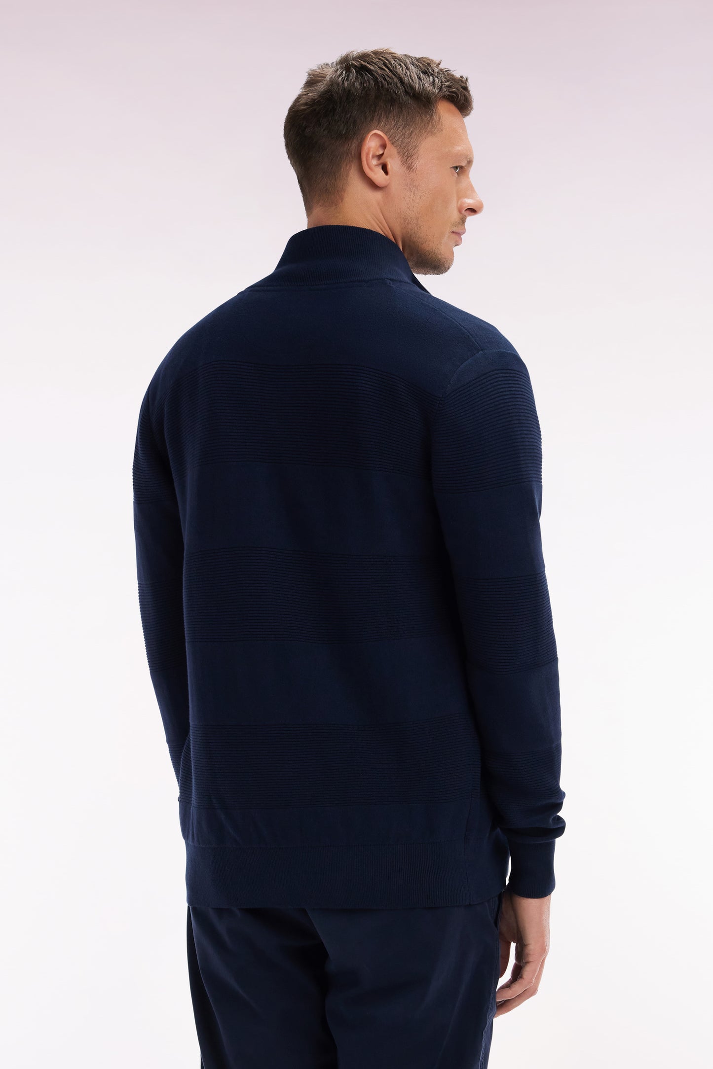 Straight zipped navy cotton knit cardigan