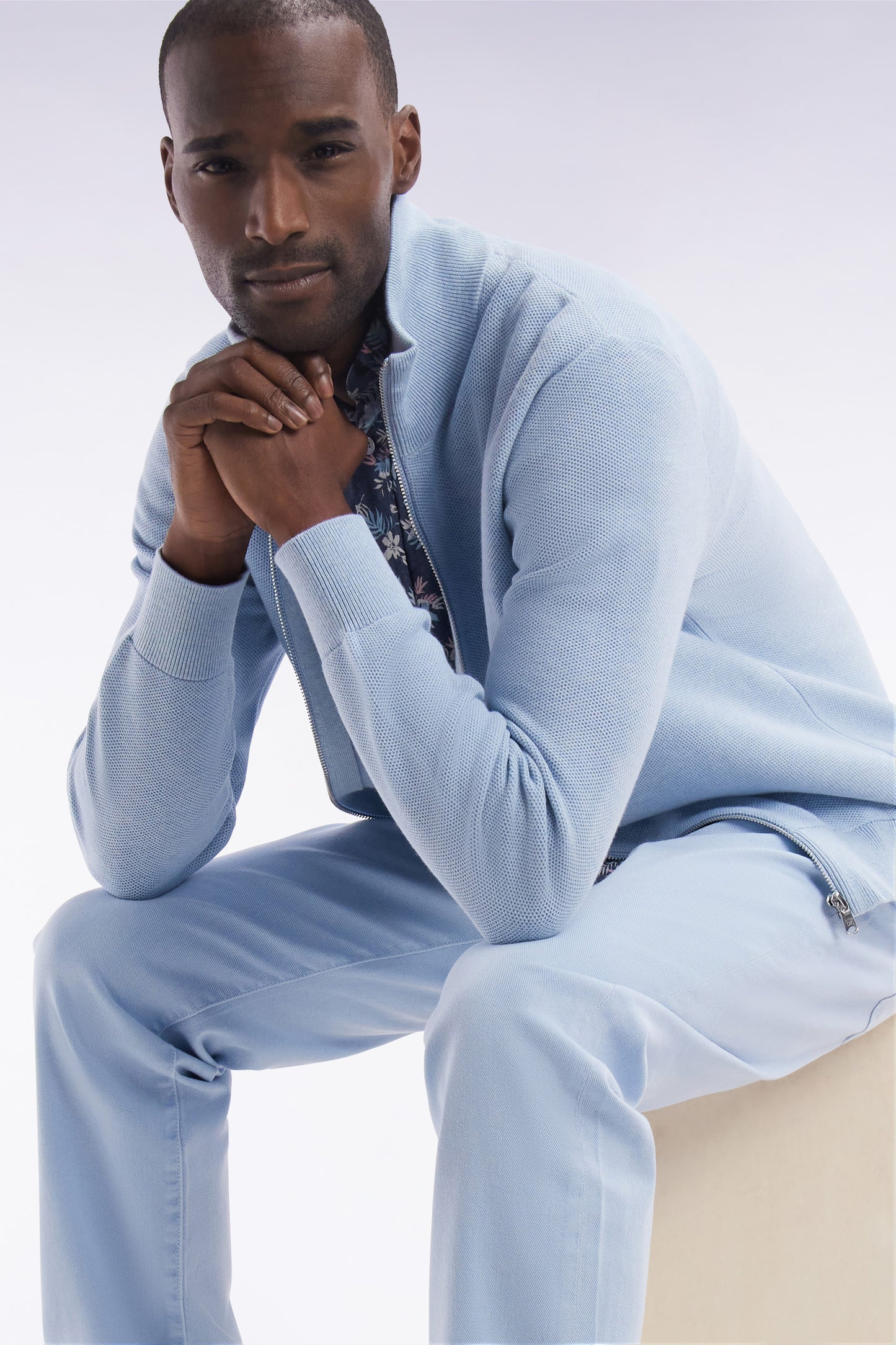 Straight-fit zipped sky blue honeycomb cotton cardigan