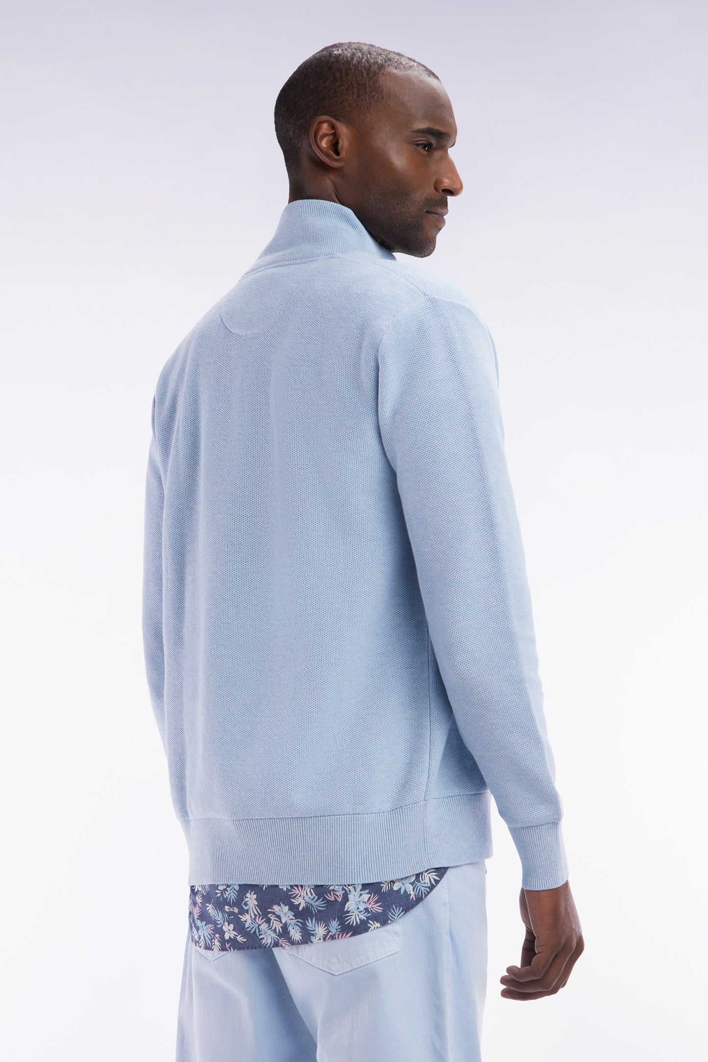 Straight-fit zipped sky blue honeycomb cotton cardigan