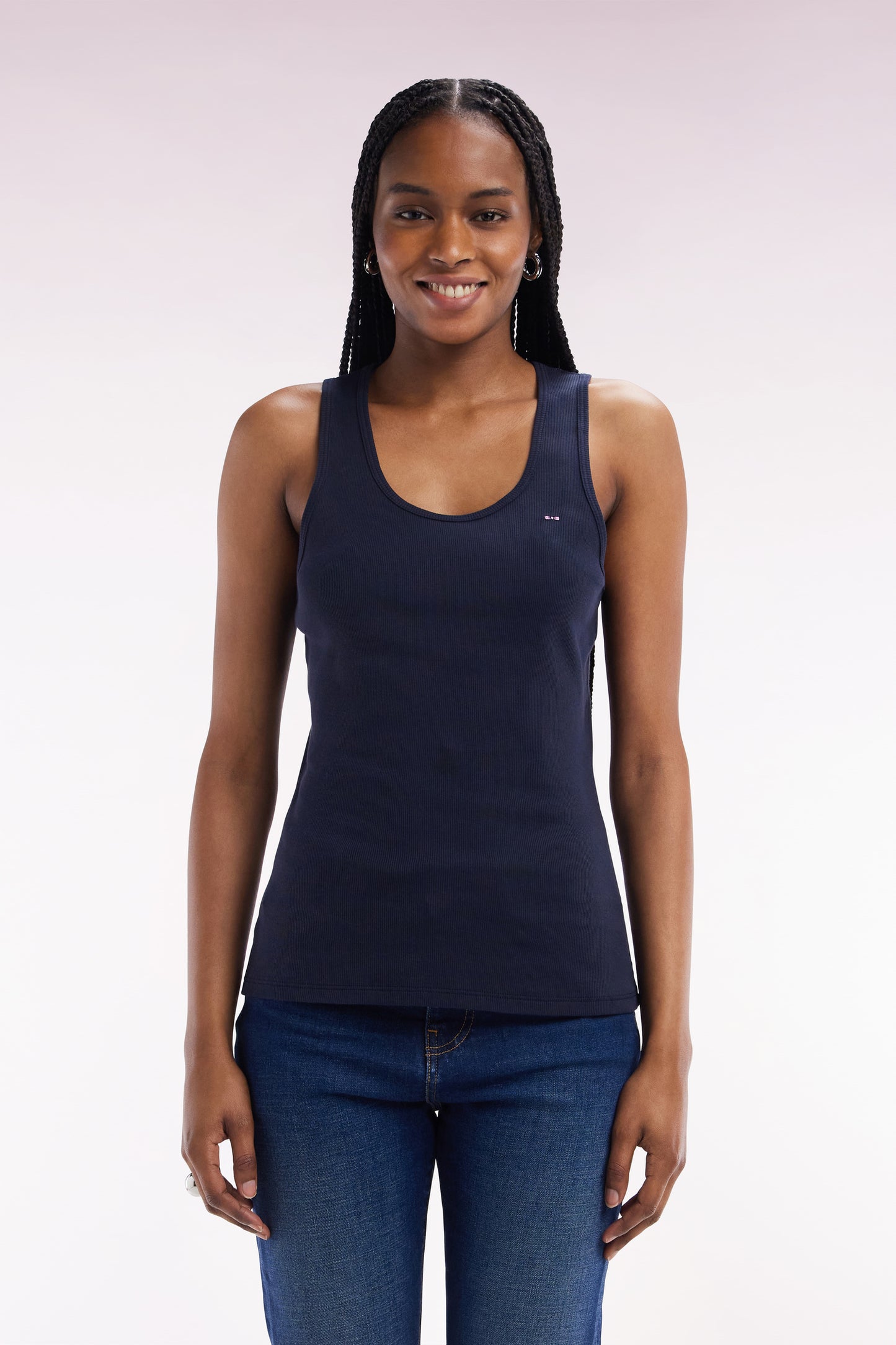 Navy ribbed Pima cotton tank top, slim fit