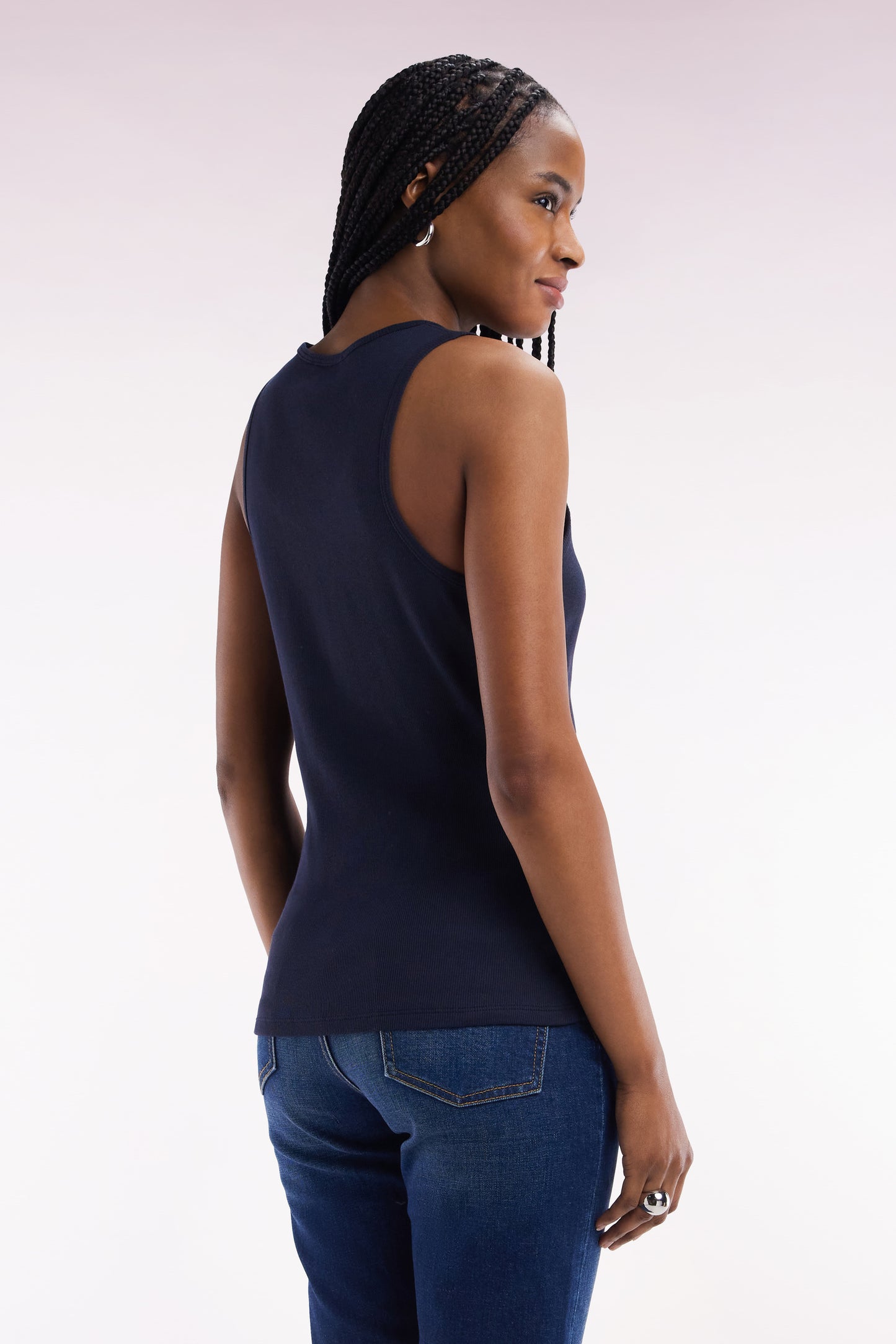 Navy ribbed Pima cotton tank top, slim fit