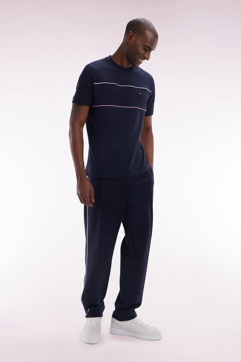 Pantalon jogging en molleton coton stretch marine passepoil ciel coupe droite - Image 3