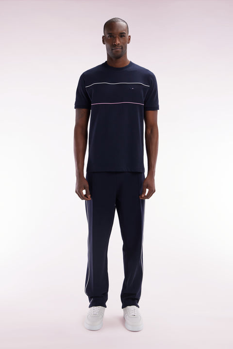 Pantalon jogging en molleton coton stretch marine passepoil ciel coupe droite - Image 1