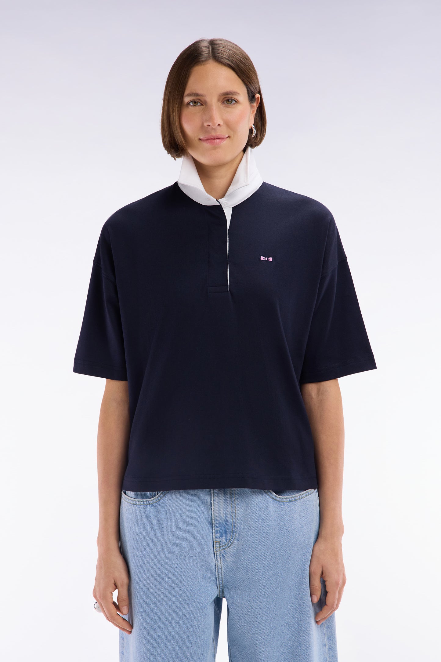 Short-sleeved jersey in navy Pima cotton, relaxed fit