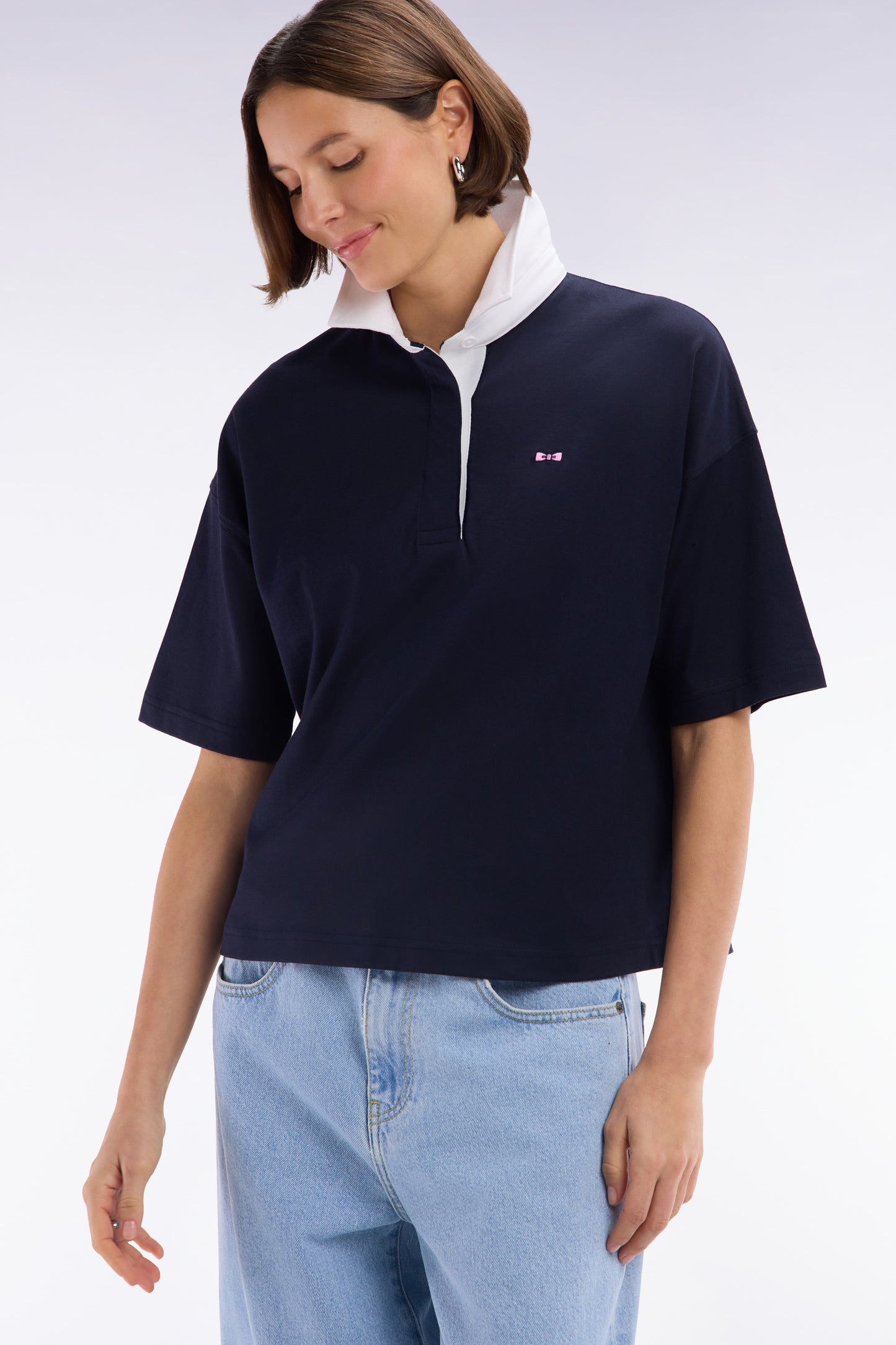 Short-sleeved jersey in navy Pima cotton, relaxed fit