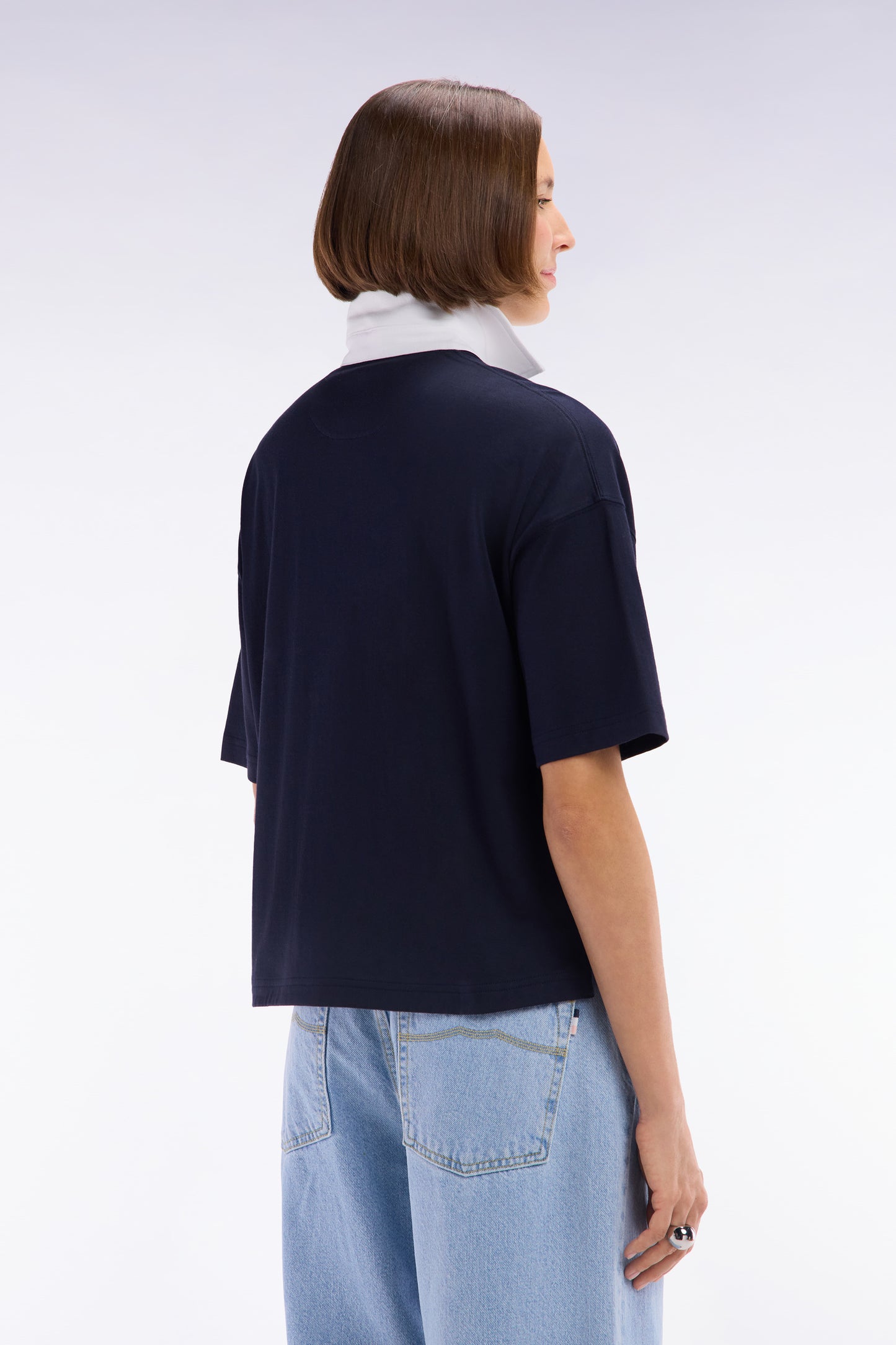Short-sleeved jersey in navy Pima cotton, relaxed fit