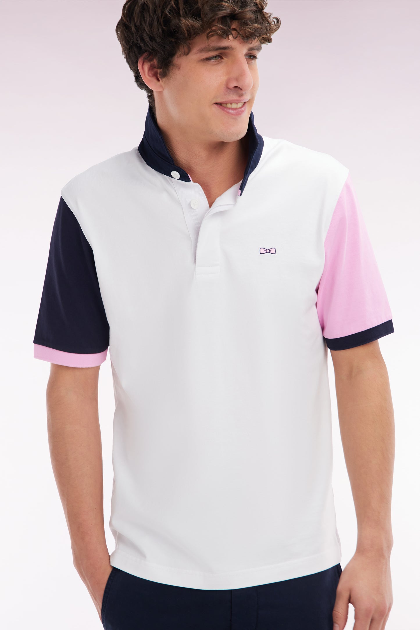 Short-sleeved rugby shirt in white cotton jersey with two-tone sleeves