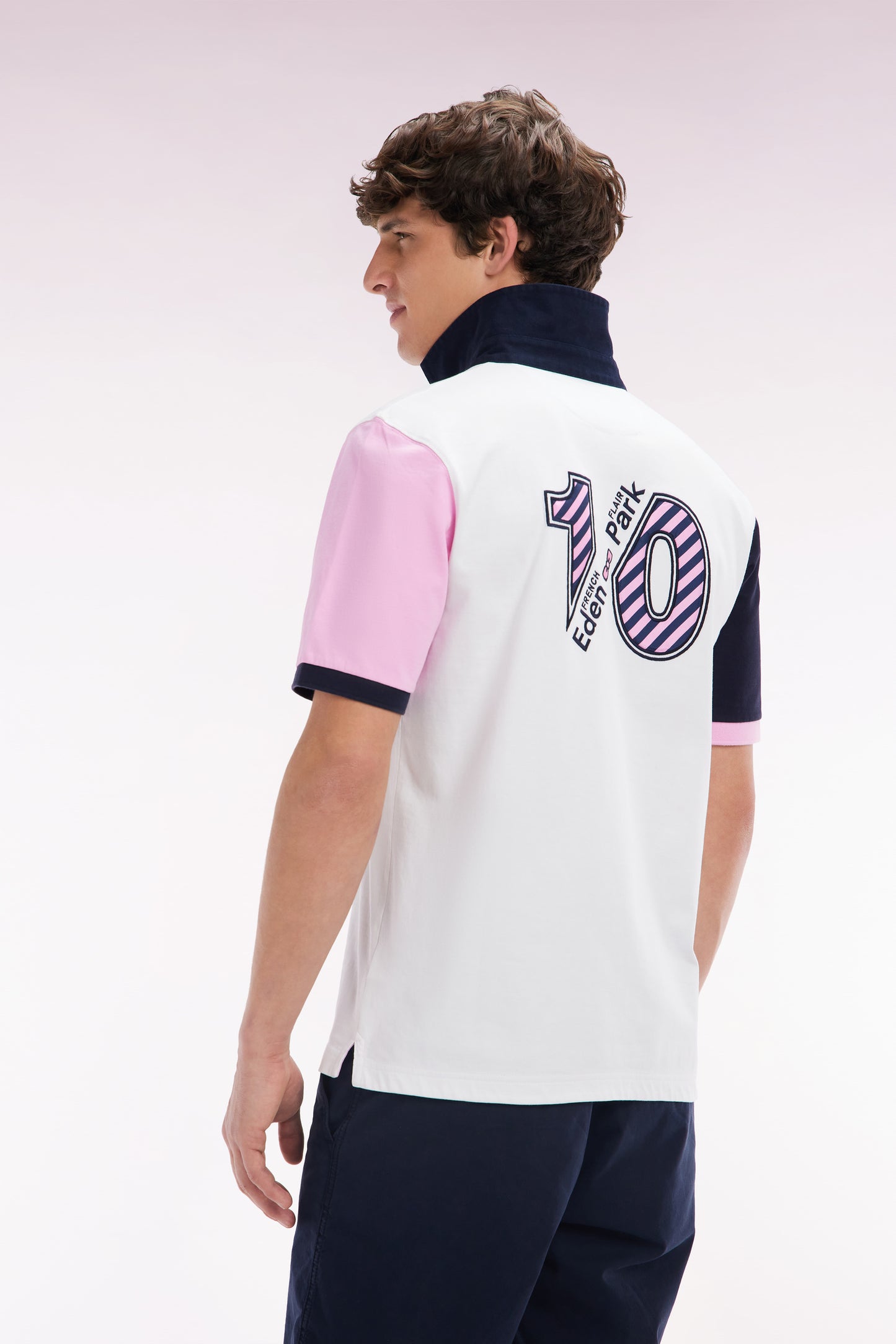 Short-sleeved rugby shirt in white cotton jersey with two-tone sleeves