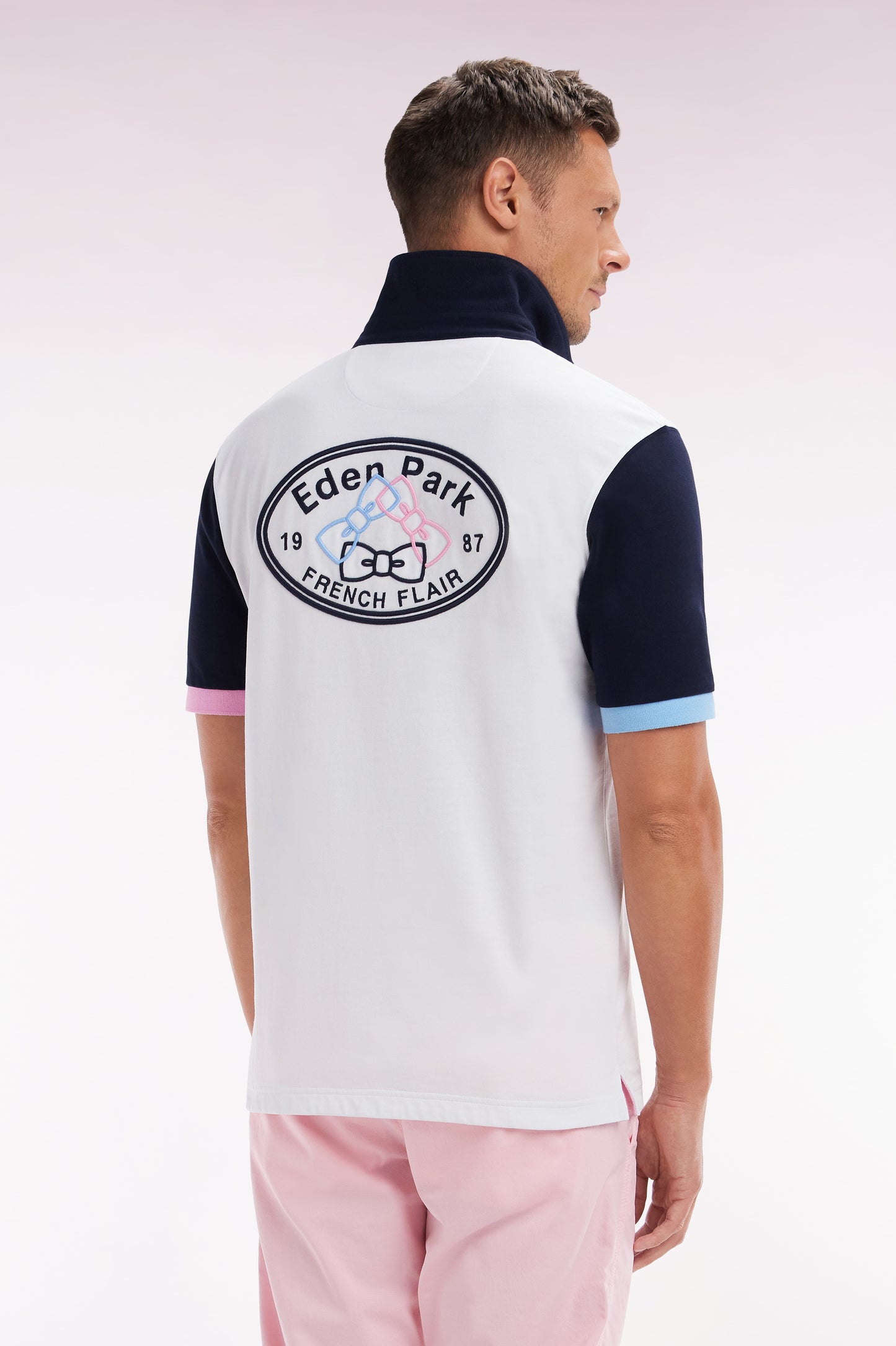 Short-sleeved rugby shirt in white cotton jersey with back embroidery