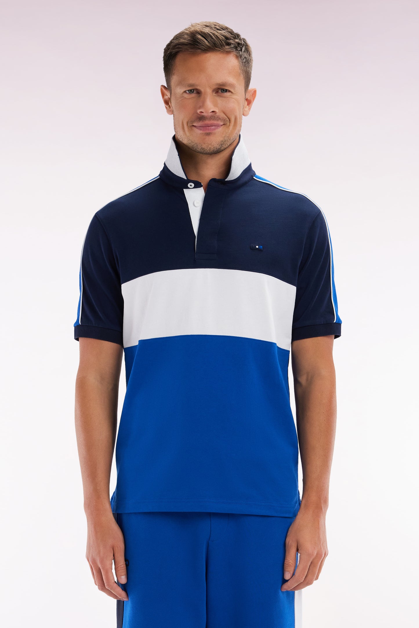 Straight cut and sew short-sleeved rugby jersey in navy cotton