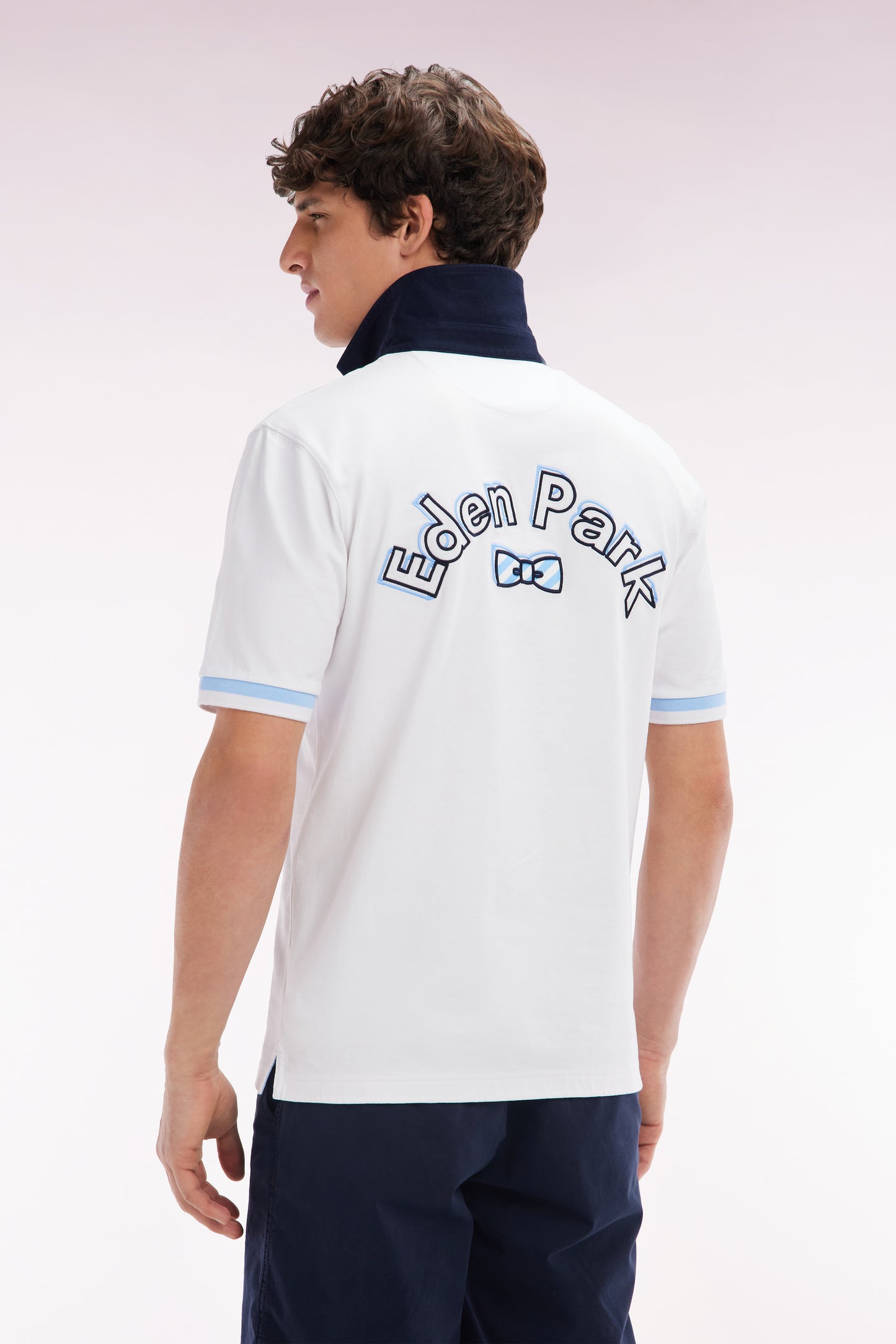 Straight-cut white cotton short-sleeved rugby shirt with Eden Park back embroidery