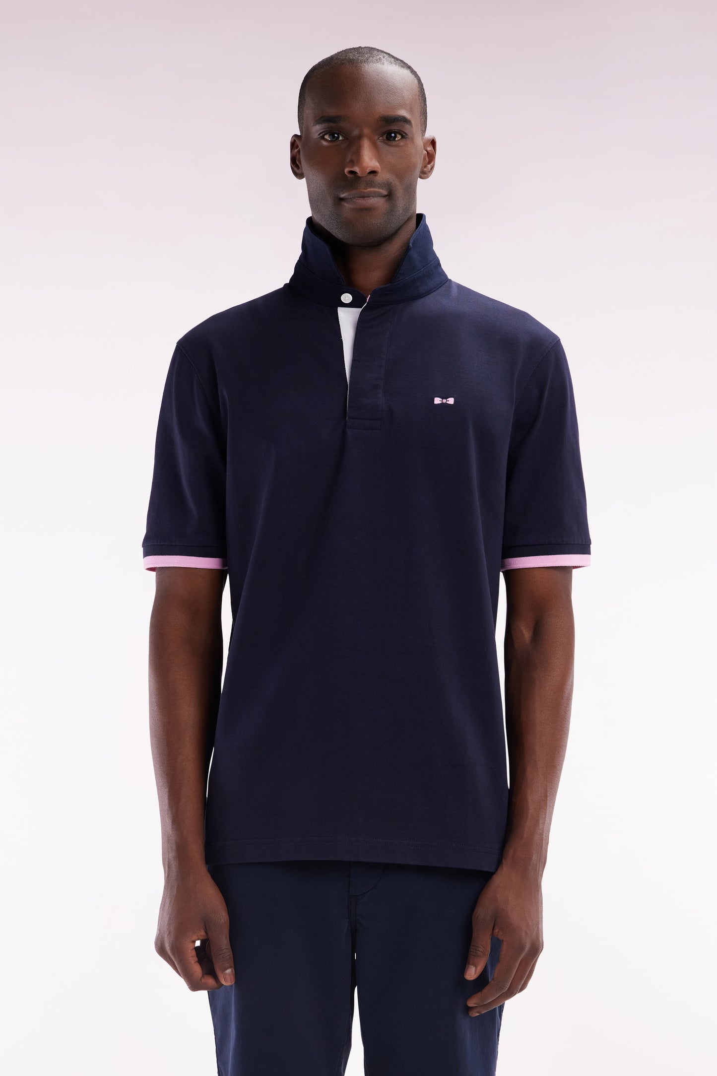 Straight-cut navy cotton short-sleeved rugby shirt with Eden Park back embroidery
