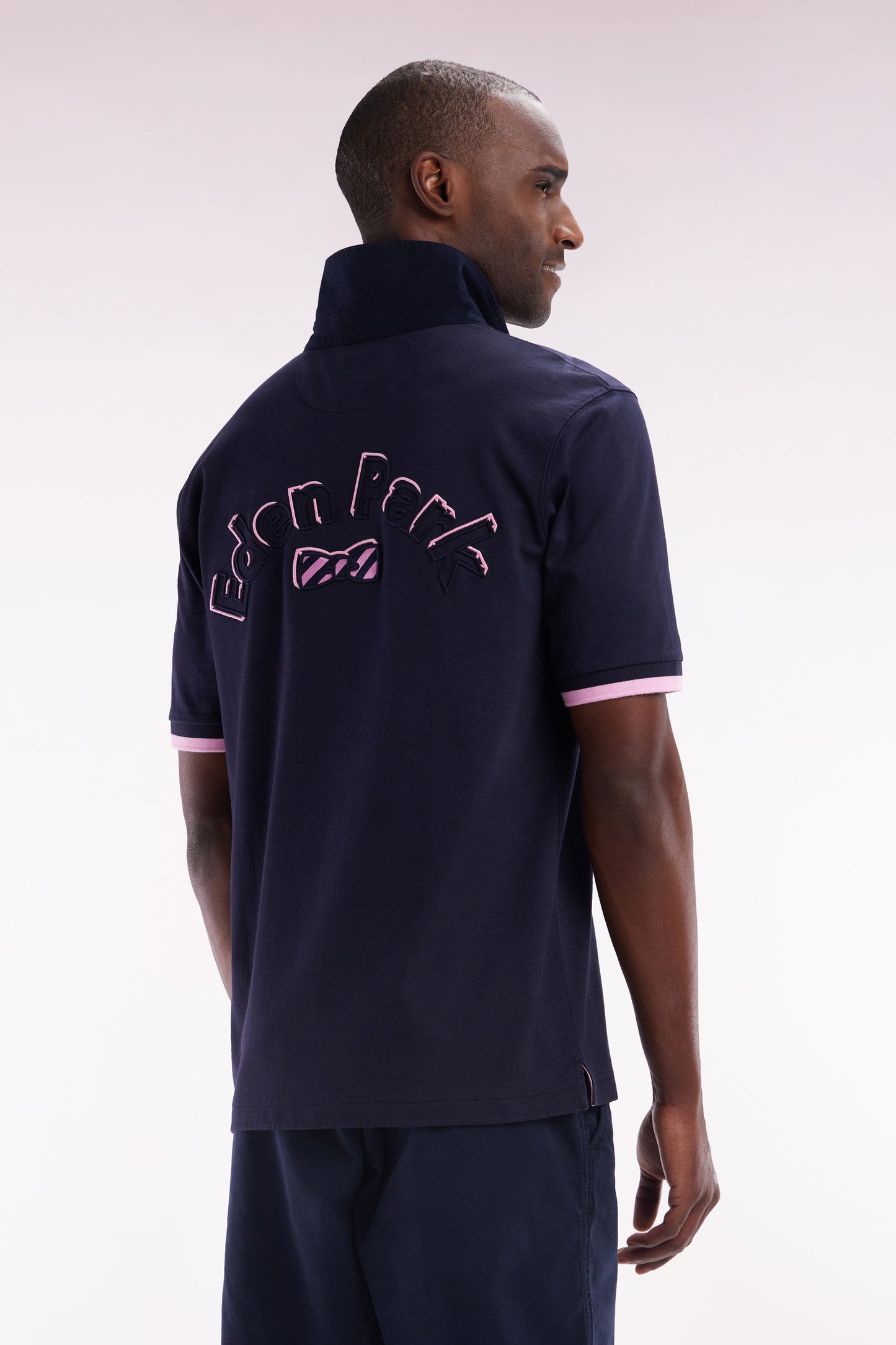 Straight-cut navy cotton short-sleeved rugby shirt with Eden Park back embroidery