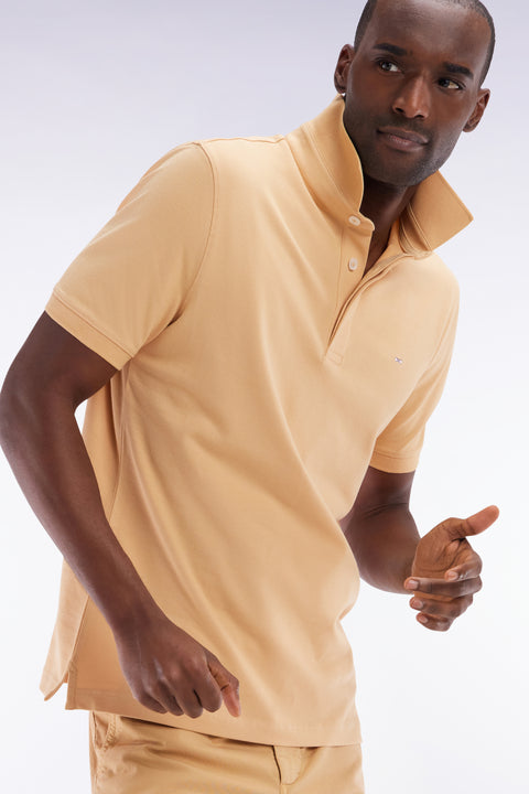 Slim-fit short-sleeved polo shirt in camel stretch cotton piqué - Image 3